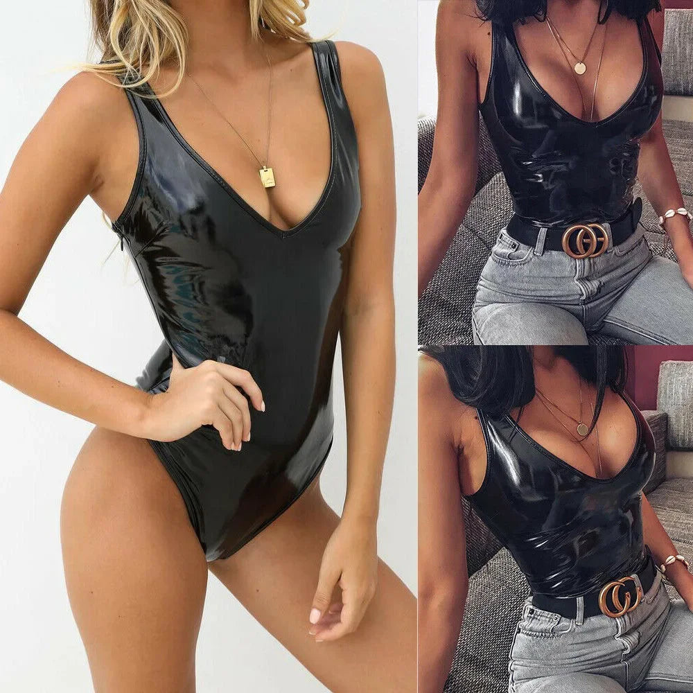 2024 Sexy Underwear V Low-Cut Elastic PU Leather Backless Bodycon Jumpsuits for Women Plus Size 3XS-10XL 9XL 8XL 7XL 5XL 6XL